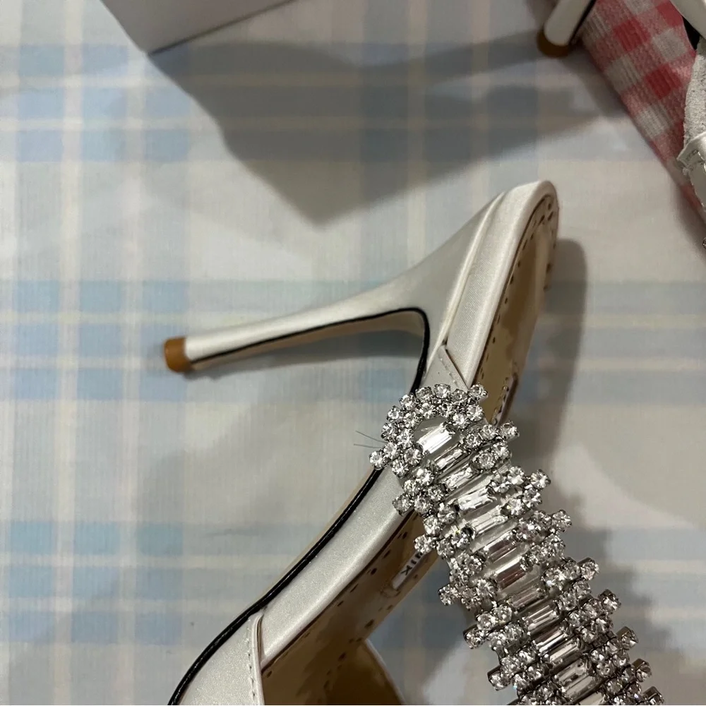 Manolo Blahnik White Satin Pointed Mules with Crystal Strap